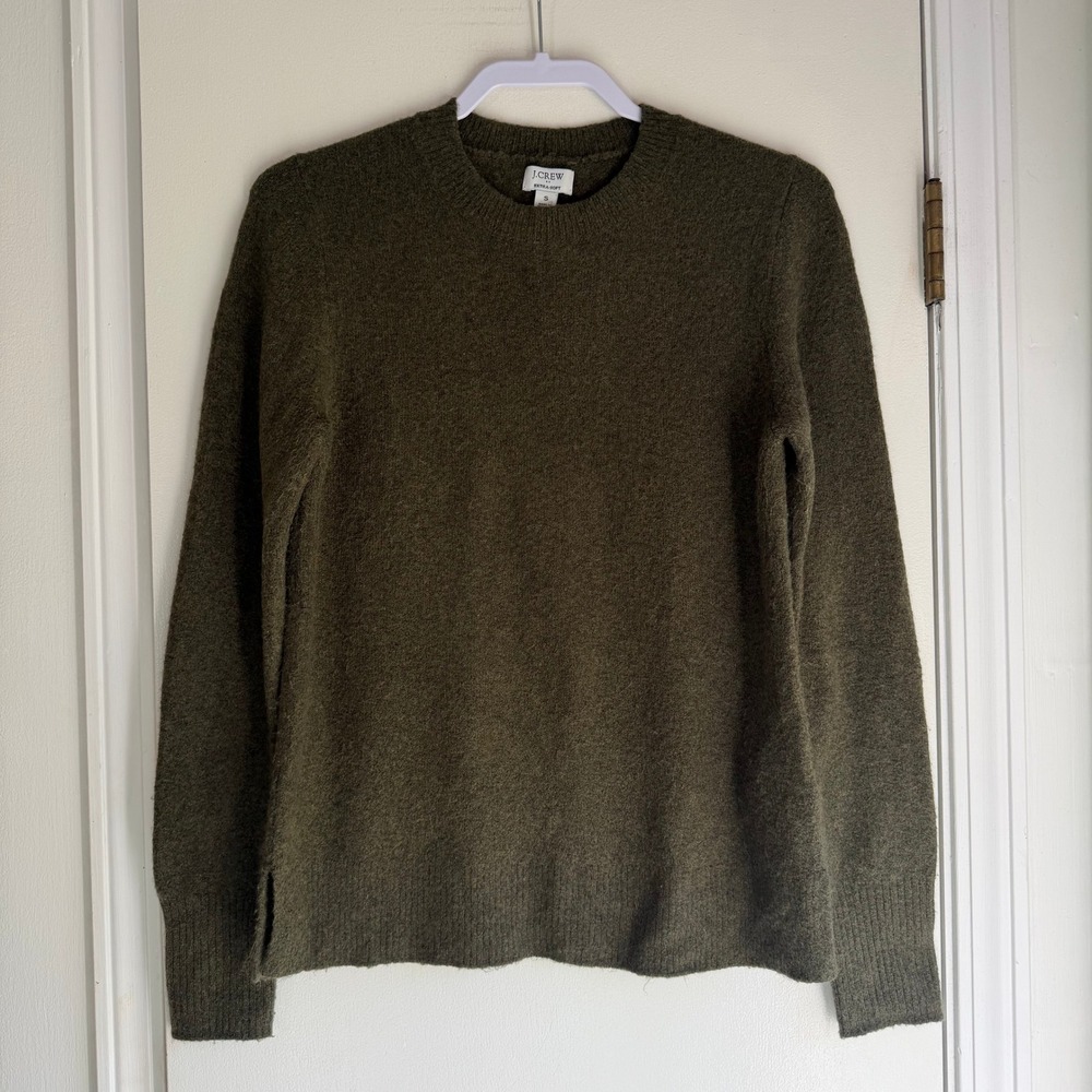 J.Crew Extra Soft Crewneck Sweater Olive Green Wool Blend Small Side Slits